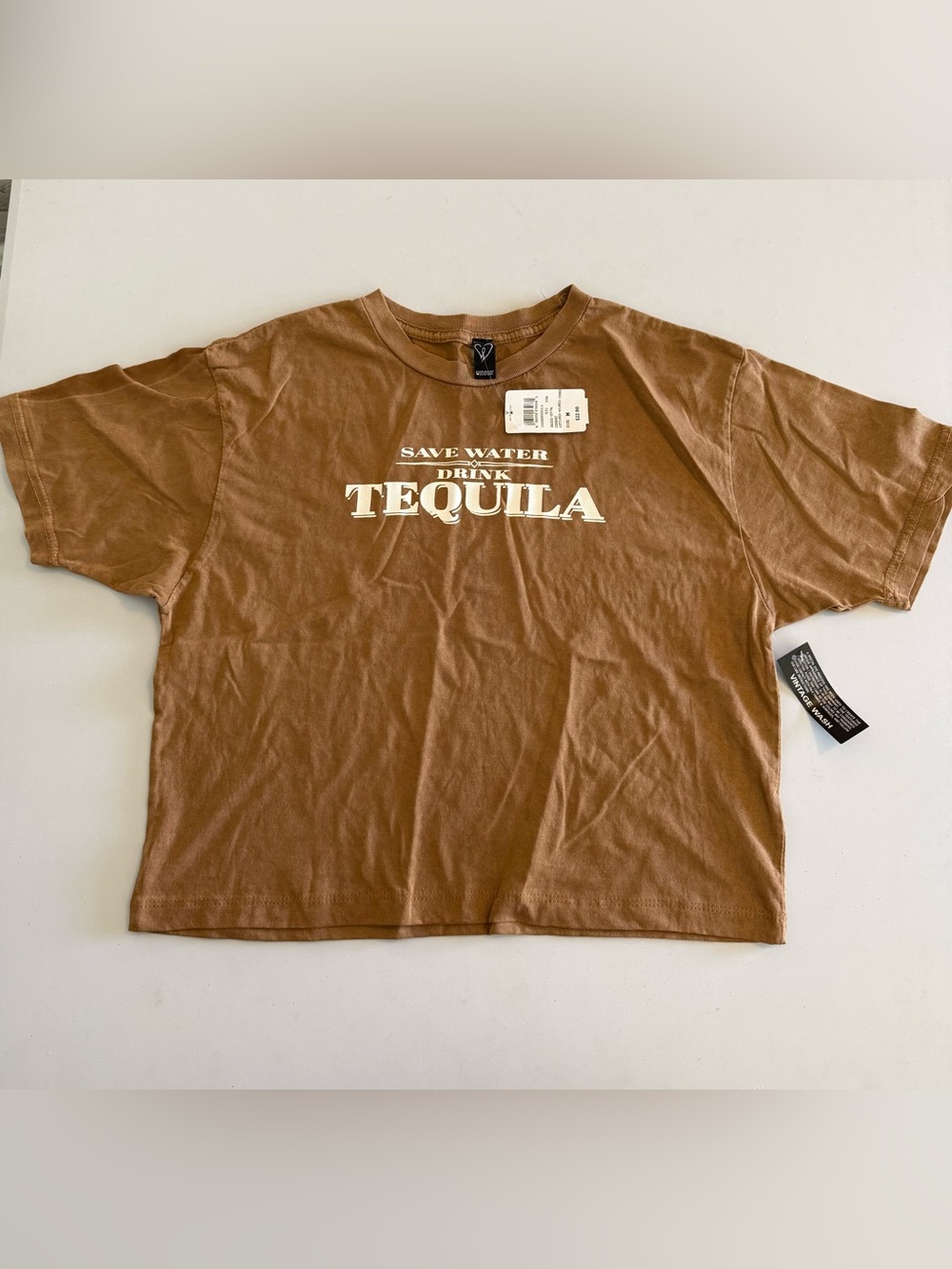 NWT Windsor Brown Crop Tee with White "Save Water Drink Tequila" Graphic Size M